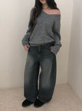 Quart Brushed Deep Blue Denim Washing Wide Pants
