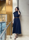 Odd Half-Neck Draped Banding Flare One Piece (Belt Set)