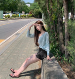Feminine V-Neck Sleeve Slit See-Through Long Sleeve Knit