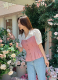 Sweet Seersucker Check Collar Puff Blouse