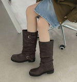 Two-way Buckle Shirring Slit Middle Boots