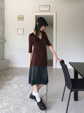 Pamil Vintage V-Neck Button Pleated Half-Length Short-Sleeved T-Shirt
