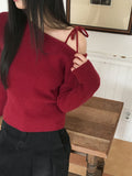 Listy Off-Shoulder Ribbon Strap Ribbed Crop Long Sleeve Knit