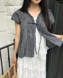 Hichu Stripe Frill Lace Ribbon Short Sleeve Blouse