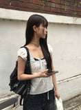 Noal Lace Ribbon Puff Sleeveless Blouse