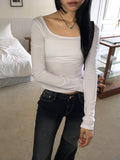 [MADE] Tiers Ribbon Strap Back Slit Square Neck Long Sleeve T-shirt