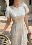 Ruckbell Square Neck Embroidered Tulip Pintuck Long One Piece