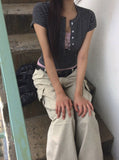 [MADE] Momin Stripe Color Matching Button Layered Slim Short Sleeve T-Shirt