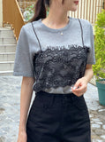 Churing Lace Bustier Lettering Short Sleeve Knit