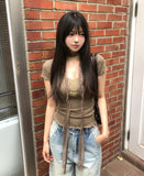 [Scarf SET] Mocha Lace Ribbed Short Sleeve Set