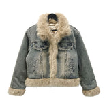 Fur trimmed quilted denim jacket