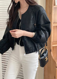 Myon No Collar Leather Short Jacket