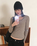 Liren Stripe Slim Fit Round Crop Long Sleeve T-Shirt