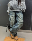 Copper Rivet Pin Tuck Cargo Denim Pants
