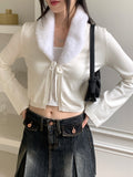 Kimme Collar Fur Ribbon String Long Sleeve Cardigan