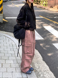 Tail Pigment Washing Cotton Banding Cargo Long Wide Pants