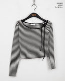 Sable One Shoulder Unbalanced Strap Stripe Long-Sleeved T-Shirt