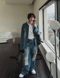 S/S shear damage washed denim pants