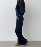 Embroidered Velvet Two-Way Crop Hood Zip-up Banding Wide Pants Two Piece Velor Set