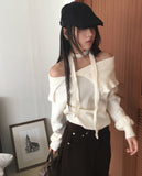 Hanel button off-shoulder muffler knit