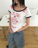 Fleet Off-Shoulder Lettering Print Ringer Color Matching Short Sleeve T-Shirt
