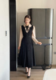 Collard V-neck Pintuck Pleats Long One Piece (belt set)
