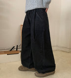 Soheni Pintuck Banding Black Blue Wide Denim Pants