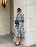 [PREMIUM] Dear Toile Pattern Puff Collar Jacquard Long One Piece (Belt Set)