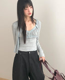 Sera Shirring Lace Ribbon Crop Long Sleeve Sleeveless Cardigan Set