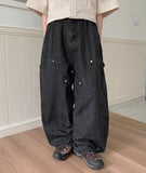 [unisex] Puati Carpenter Rivet Banding Waist Wide Denim Pants