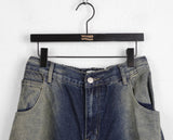 Tiso damage Mufa back banding washing denim long wide pants