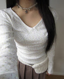 Rome Flower Ribbon V-Neck Long Sleeve T-Shirt