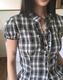 Devon V-neck Check Frill Blouse