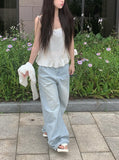 Moba Light Blue Rivet Pintuck Washing Wide Pants