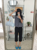 Baso Check Frill Seersucker Boat-Neck Blouse