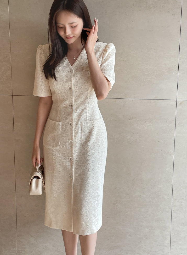 【I AM MARI】[PREMIUM] Lovely V-neck Lace Button One Piece I AM MARI (アイアムマリ) - [プレミアム]ラブリーVネックレース