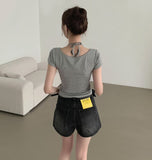 Slim Fit Cup Halter Strap Fake Layered Shirring Short Sleeve T-shirt