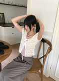 [MADE] T-pole rose see-through button strap puff short-sleeved cardigan
