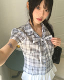 [MADE/TieSET] Canding Check Tie Collar Puff Short Sleeve Shirt Blouse