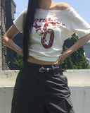 Epee Crack Print Off-Shoulder Short Sleeve T-Shirt
