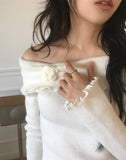 Neon Rose Corsage Wave Off-shoulder Knit