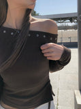 Denk Shirring Eyelet Crop Lip Neck T-shirt
