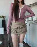 Odd Snap Deep V-Neck Stripe Long Sleeve