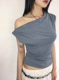 Charba Shirring Unbalanced One Shoulder Sleeveless T-shirt
