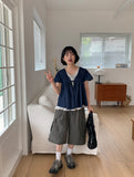 Cheatero Denim Layered Short Sleeve Blouse