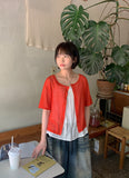 Pyuo Color Round Net Knit Short Sleeve Cardigan