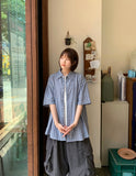 [unisex] Bubblet Stripe Linen Over Short Sleeve Shirt