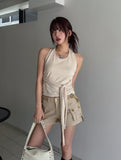Mulit Side Shirring Strap Halter Sleeveless