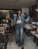 Ocean Washing Stitch Biker Denim Jacket