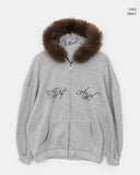[Brushed Lining] Rahin printing over fur hood zip-up